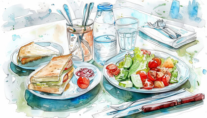 Wall Mural - A plate of food with a sandwich, salad, and a glass of water