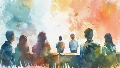 Wall Mural - A group of people sitting at a table with a window in the background
