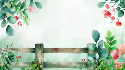 Wall Mural - A green and red background with a wooden fence and a bunch of flowers