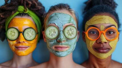 Wall Mural - Woman wearing cloth mask on face on cucumber background