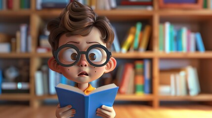 Canvas Print - A cartoon boy with glasses and a worried expression reads a book in a library.