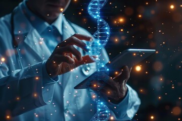 A doctor is using a tablet to look at a DNA strand