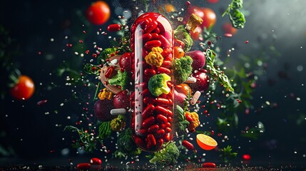 a red capsule bursting with nutrient-rich foods, showcasing their vibrant colors and nutritional value in a visually stunning composition.