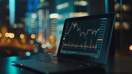 Poster - A laptop displaying a stock market graph with a cityscape in the background.