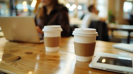 Wall Mural - Two to-go cups of coffee on a wooden table in a coffee shop, a laptop and tablet are visible in the background.