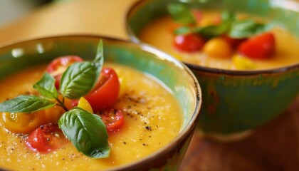 Wall Mural - Colorful Tomato Basil Salad on Rustic Wood Background. Yellow Tomato Gazpacho