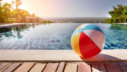 colorful beach ball resting poolside bright sunny day clear blue water creating refreshing vibrant backdrop emphasizing summer theme