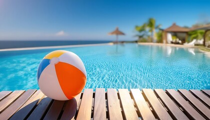 colorful beach ball resting poolside bright sunny day clear blue water creating refreshing vibrant backdrop emphasizing summer theme