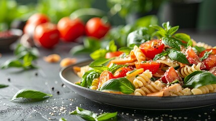 top view of a gourmet pasta salad adorned with fresh vegetables, presented on a stylish plate against a tasteful background, with ample copy space