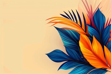 Wall Mural - A colorful leafy background with a blue and orange leaf. The background is a light tan color