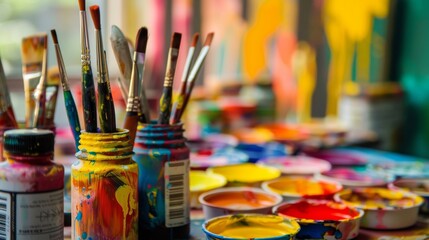 A table with many different colors of paint and paintbrushes