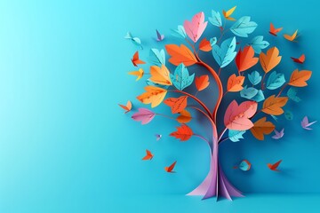 a tree with colorful paper cut leaves and birds on a bright blue background representing growth and 