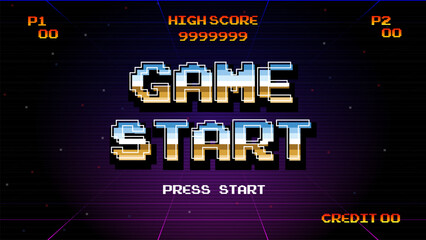 Aufkleber - GAME START PRESS START.pixel art .8 bit game.retro game. for game assets in vector illustrations.Retro Futurism Sci-Fi Background. glowing neon grid.and stars from vintage arcade comp