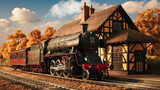 Beautiful old vintage steam railway engine with full steam blowi