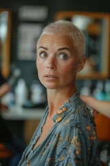 Wall Mural - Woman With Short Blonde Hair Looking Away in a Salon