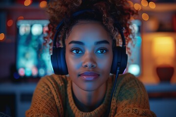 Poster - Young Woman Wearing Headphones, Looking at Computer Screen in a Dimly Lit Room