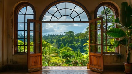 Wall Mural - Old ancient large house window overlooking on tropical forest garden nature. Archway of residential apartment with charming view