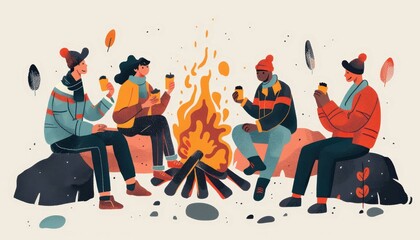 illustration of friends sitting around a campfire, enjoying hot drinks and warmth during a cozy outd