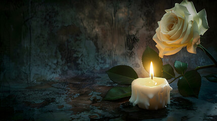 Wall Mural - White Rose and Candle on Vintage Background Copy Space