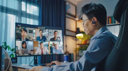 Sticker - Remote Work from Home - Business Man: An Asian business man balances work and family by remotely joining a corporate group through a video conference call from home.