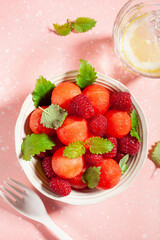 Wall Mural - watermelon ball salad with raspberry lemon balm. healthy summer dessert