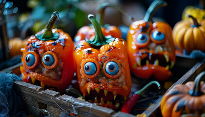 Wall Mural - Three orange peppers with scary faces are on a table