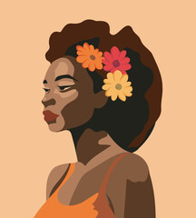 Portrait of a black afro african black woman girl. Side pose. Hairstyle with flowers in hair. Poster card for Women's Day. Vector flat bright illustration on a gentle pastel background