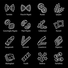 Wall Mural - pasta, white line icons. various shapes of pasta farfalle, fusilli, rigatoni, and more. ideal for cu