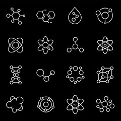 Wall Mural - Atoms and molecules, white line icons. Chemical structures and elements. scientific and educational themes. Symbols on black background. Editable stroke.