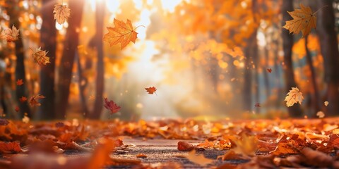 Wall Mural - A beautiful autumn scene with leaves falling from the trees. The leaves are scattered all over the ground, creating a colorful and serene atmosphere. The sunlight shining through the trees adds a warm