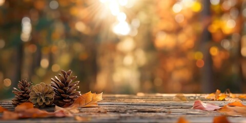 Wall Mural - A table with pine cones and leaves on it