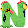 © Vector Tradition - Halloween font, letter N as cartoon zombie slime character for horror alphabet, vector ABC. Halloween holiday font type or kids spooky typeface of letter N as zombie monster with brain for typography