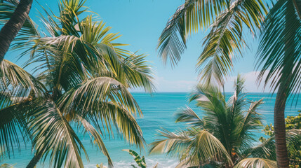 Wall Mural - Palm trees swaying in the breeze with a clear ocean backdrop