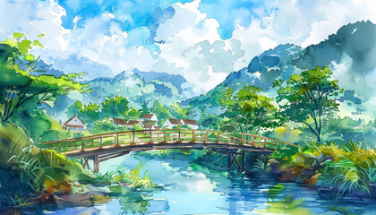 Wall Mural - A bridge spans a river in a rural area