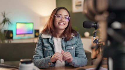 Poster - Camera, live stream and radio with woman content creator in office for audio blogging or podcast. Broadcast, media and microphone with happy influencer talking to audience of online followers