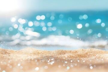 Poster - Blurred background of sandy beach with blue sea and bokeh, summer vacation concept, banner for copy space