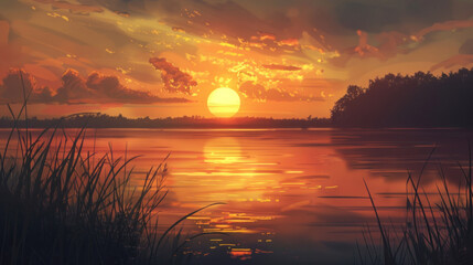 Wall Mural - Sun setting over a serene lake with reflections on the water