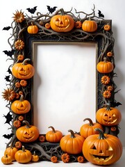 Wall Mural - wooden frame with vine thorn roots and scary halloween pumpkins. isolated on white background.