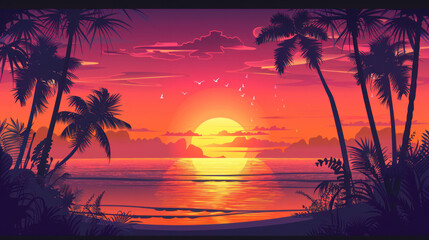 Wall Mural - Tropical sunset with silhouettes of palm trees and calm ocean