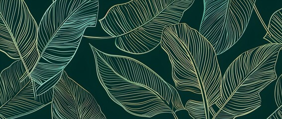 Seamless pattern with green leaves lines texture on dark background, hand drawn line art drawing style vector illustration. Abstract natural wallpaper design. Minimalist art for textile print