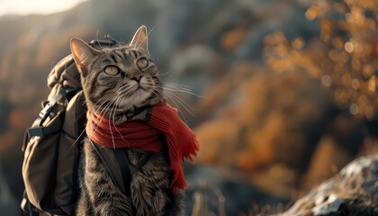 Wall Mural - A cat wearing a red scarf and a backpack is standing on a mountain