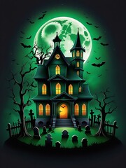 Wall Mural - halloween haunted castle, dead trees, scary graveyard, hills, with full moon and green sky in the background. suitable for posters, flyers, banners and backgrounds for Halloween party invitation cards