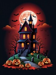 Wall Mural - halloween haunted castle with full moon and blood red sky background. suitable for posters, flyers, banners and backgrounds for Halloween party invitation cards.