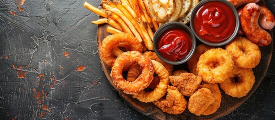 Canvas Print - Delicious crispy onion rings, fries, sausage, fried cheese, pacanga pastry, and other hot snacks on a plate with a unique spice. Includes copy space image.