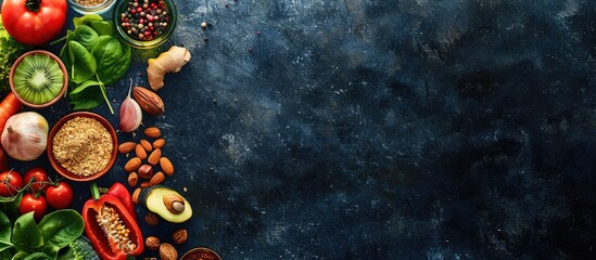 Sticker - Ingredients for healthy cooking like vegetables, fruits, nuts, and spices create a balanced diet on a dark backdrop. The top view features a copy space image.