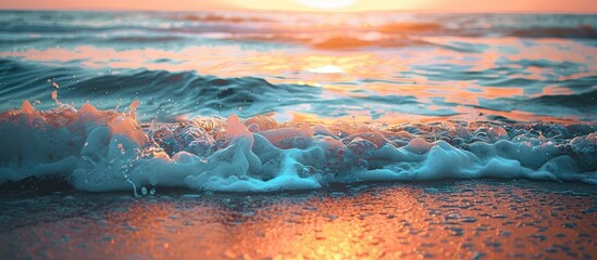 Poster - Sunset on the ocean shore with waves, creating a picturesque scene with a serene ambiance in the copy space image.