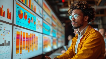 Poster - Man Reviewing Data Charts on Large Screen Displays