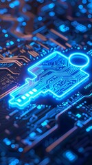 Wall Mural - Glowing Blue Holographic Key on Advanced Digital Circuit Board