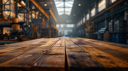 Wall Mural - Rustic Meets Industrial: Wooden Table Top with Stylishly Blurred Factory Warehouse Backdrop for Product Showcasing