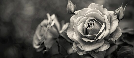 Poster - A grayscale closeup image of a blooming rose conveys a romantic theme with copy space for text.